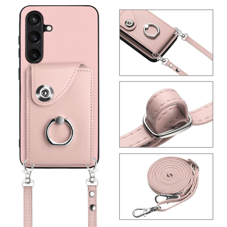 For Samsung Galaxy S24 5G Organ Card Bag Ring Holder Phone Case with Long Lanyard(Pink)