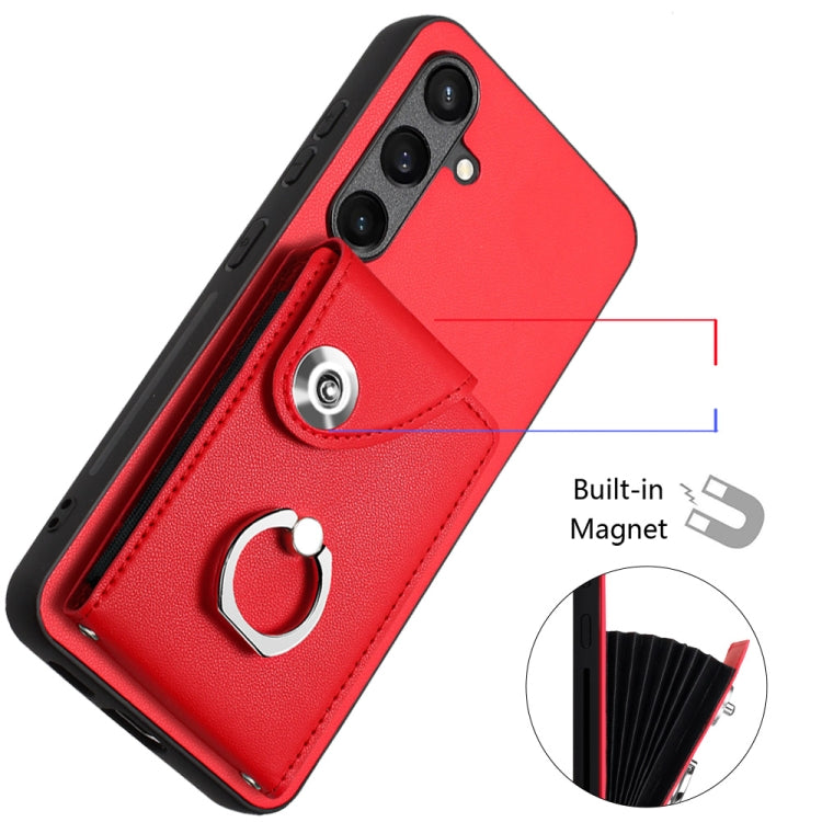 For Samsung Galaxy S24 5G Organ Card Bag Ring Holder Phone Case with Long Lanyard(Red)