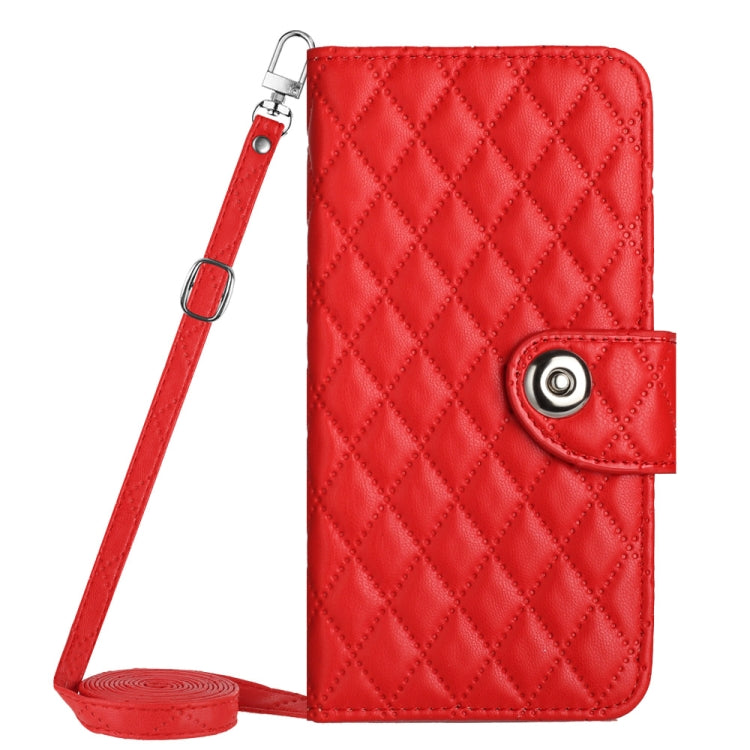 For Samsung Galaxy S24 5G Rhombic Texture Flip Leather Phone Case with Long Lanyard(Red)