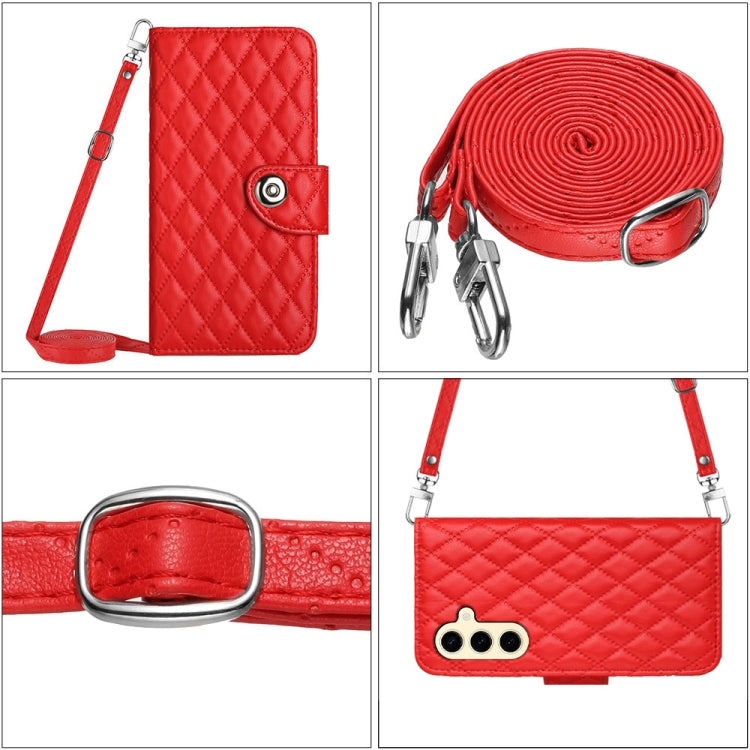 For Samsung Galaxy S24 5G Rhombic Texture Flip Leather Phone Case with Long Lanyard(Red)