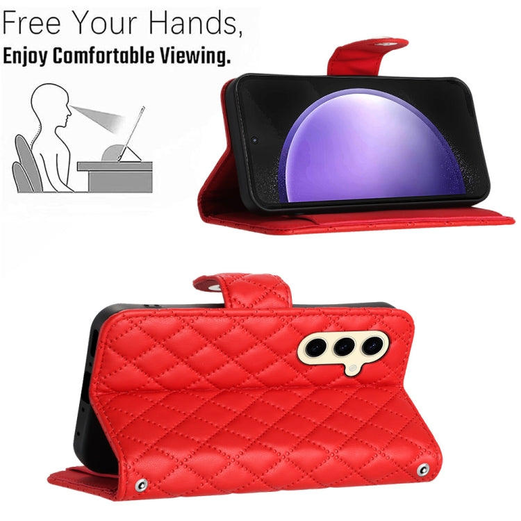 For Samsung Galaxy S24 5G Rhombic Texture Flip Leather Phone Case with Long Lanyard(Red)
