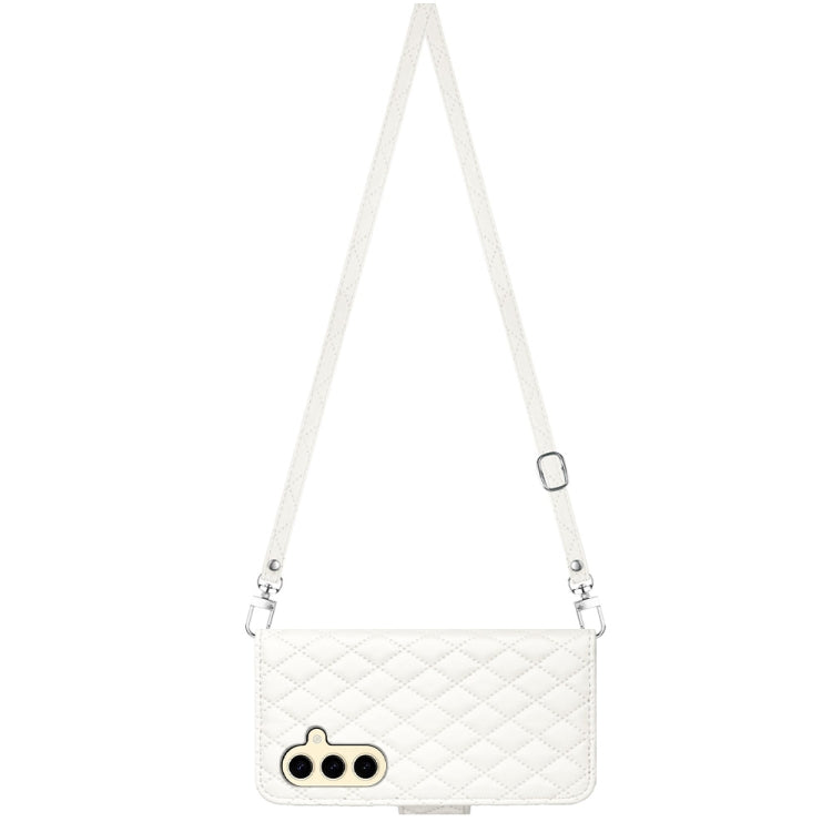 For Samsung Galaxy S24 5G Rhombic Texture Flip Leather Phone Case with Long Lanyard(White)