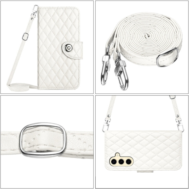 For Samsung Galaxy S24 5G Rhombic Texture Flip Leather Phone Case with Long Lanyard(White)