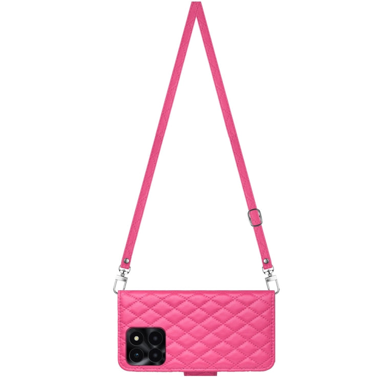 For Honor X6a Rhombic Texture Flip Leather Phone Case with Long Lanyard(Rose Red)