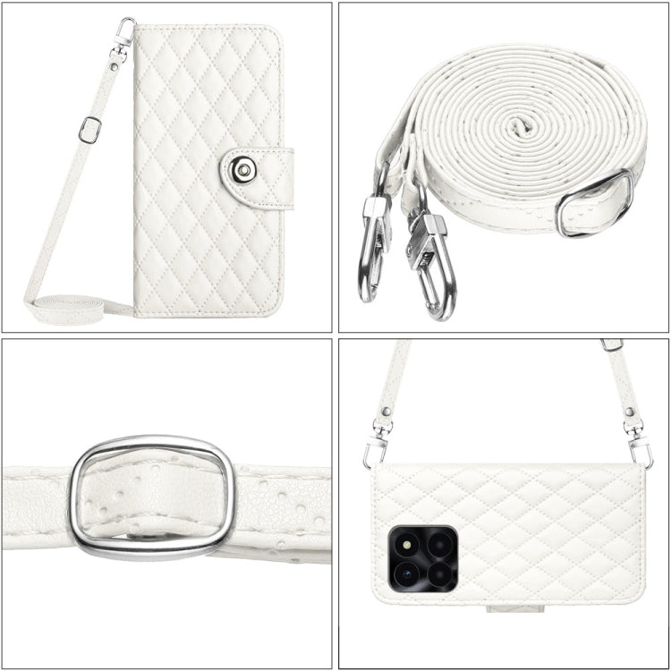 For Honor X6a Rhombic Texture Flip Leather Phone Case with Long Lanyard(White)