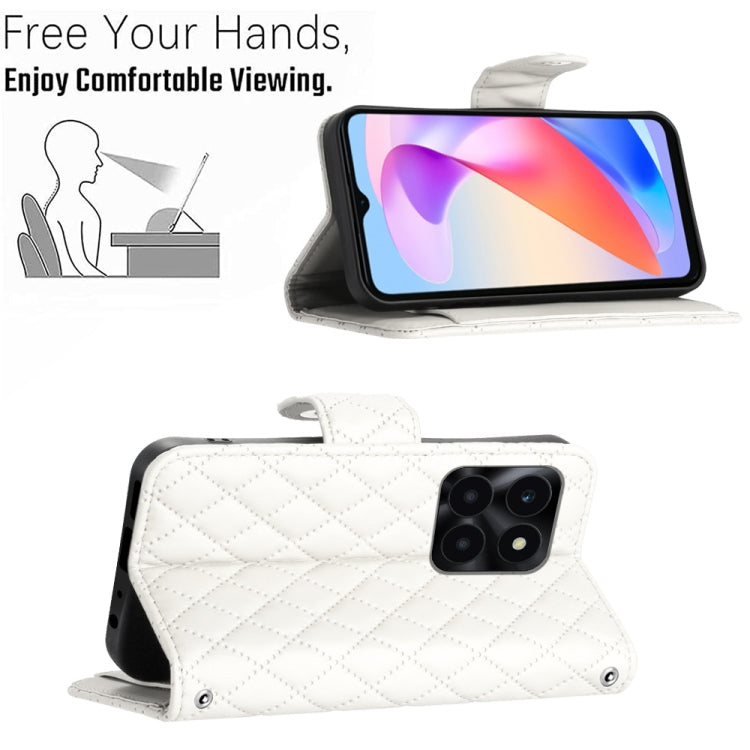 For Honor X6a Rhombic Texture Flip Leather Phone Case with Long Lanyard(White)