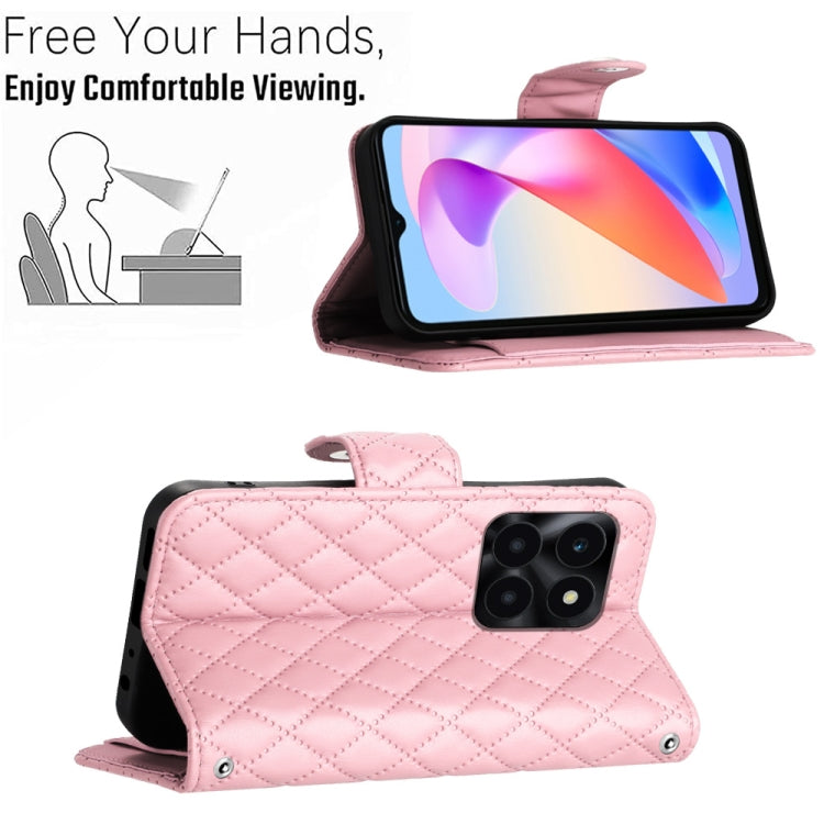 For Honor X6a Rhombic Texture Flip Leather Phone Case with Long Lanyard(Pink)