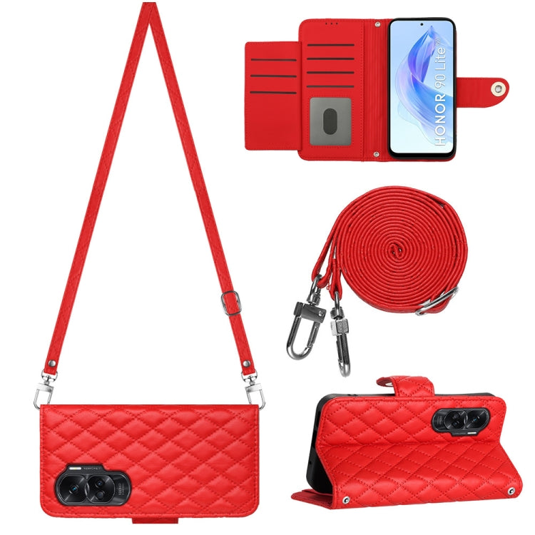 For Honor 90 Lite Rhombic Texture Flip Leather Phone Case with Long Lanyard(Red)