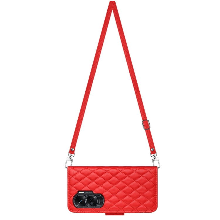 For Honor 90 Lite Rhombic Texture Flip Leather Phone Case with Long Lanyard(Red)