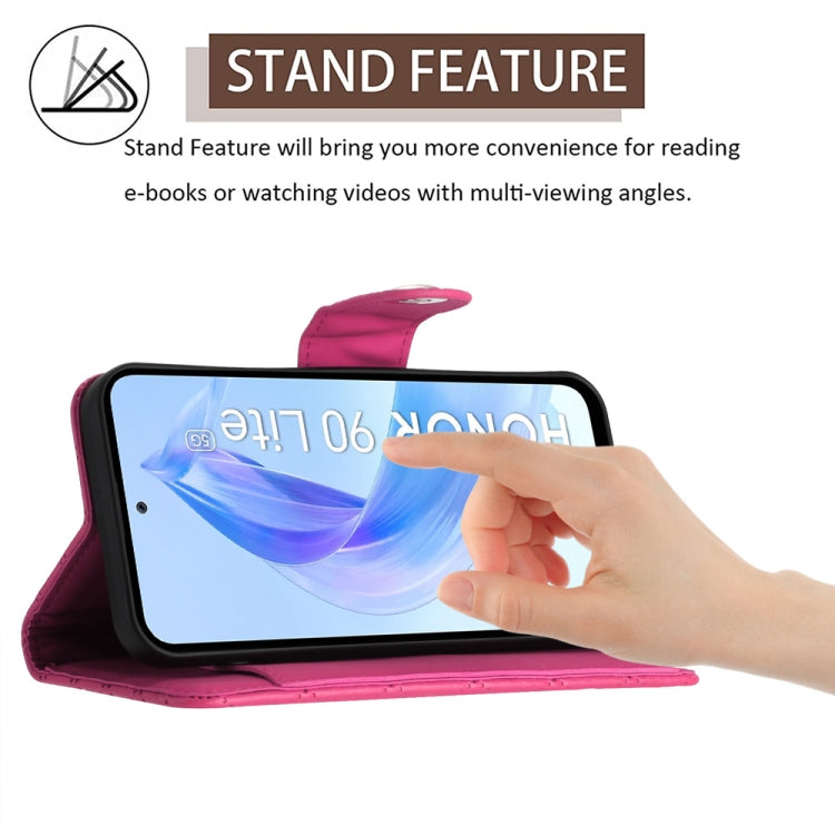 For Honor 90 Lite Rhombic Texture Flip Leather Phone Case with Long Lanyard(Rose Red)