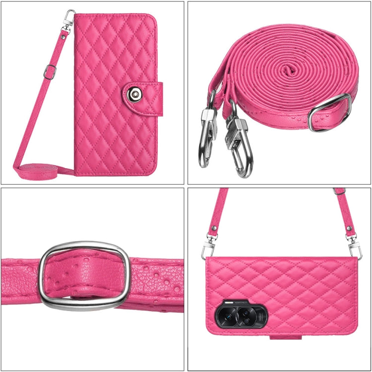 For Honor 90 Lite Rhombic Texture Flip Leather Phone Case with Long Lanyard(Rose Red)