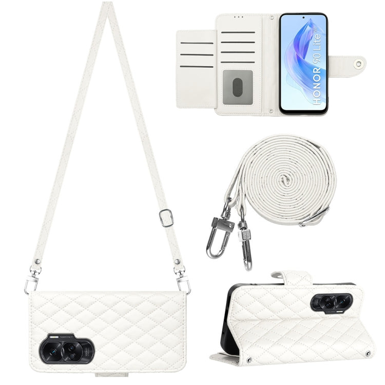 For Honor 90 Lite Rhombic Texture Flip Leather Phone Case with Long Lanyard(White)