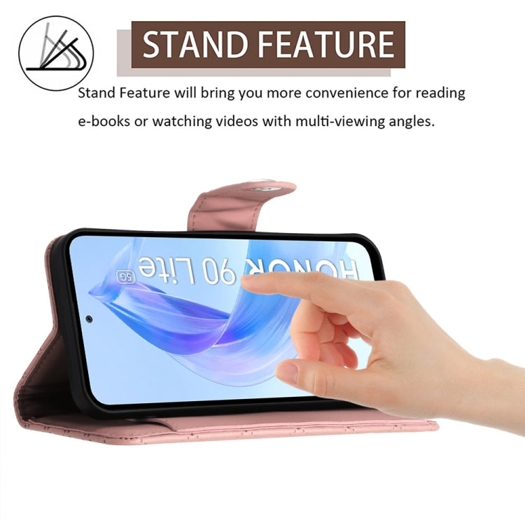 For Honor 90 Lite Rhombic Texture Flip Leather Phone Case with Long Lanyard(Coral Pink)