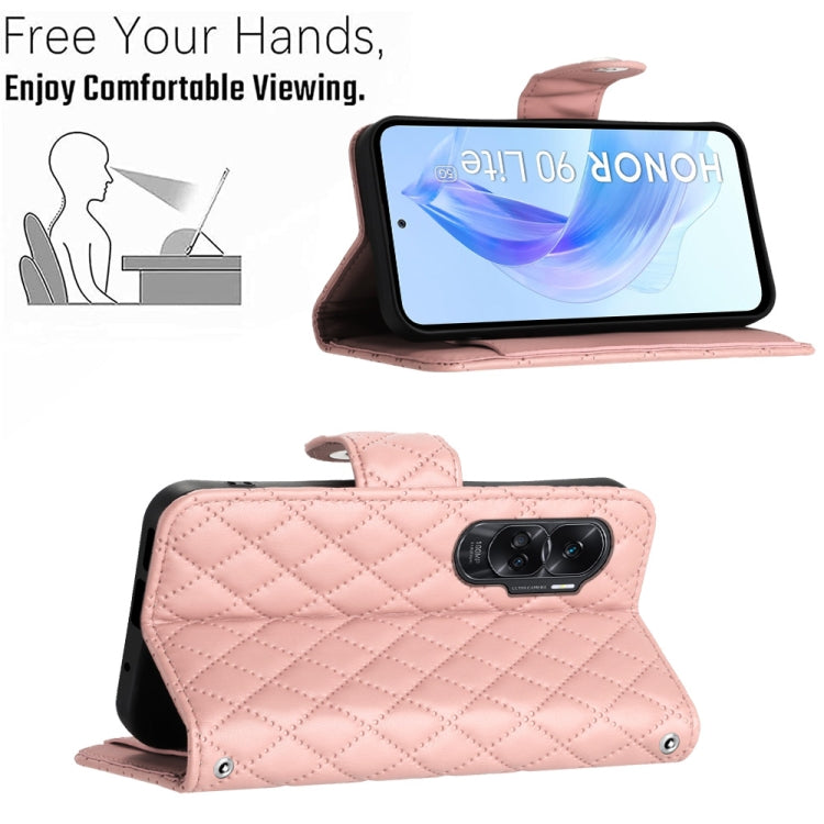 For Honor 90 Lite Rhombic Texture Flip Leather Phone Case with Long Lanyard(Coral Pink)