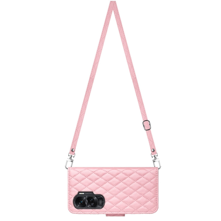 For Honor 90 Lite Rhombic Texture Flip Leather Phone Case with Long Lanyard(Pink)