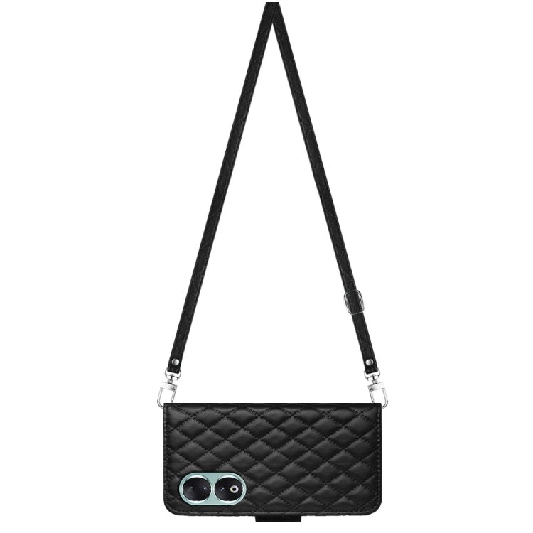 For Honor 90 Rhombic Texture Flip Leather Phone Case with Long Lanyard(Black)