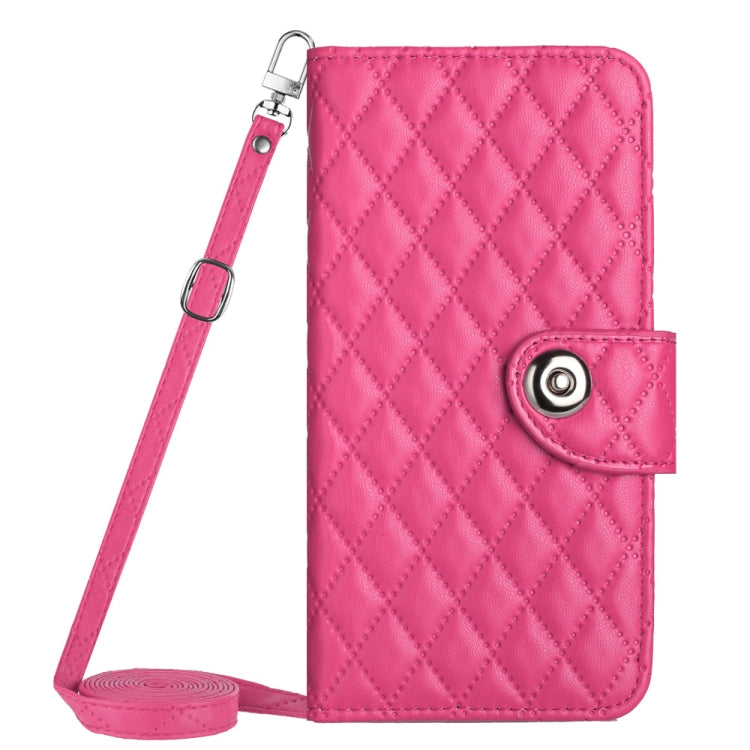 For Honor 90 Rhombic Texture Flip Leather Phone Case with Long Lanyard(Rose Red)