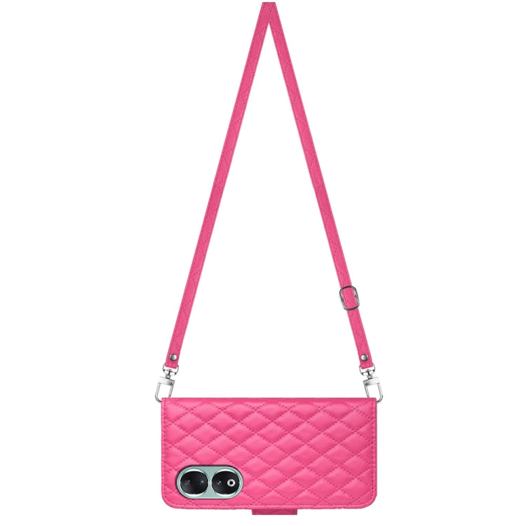 For Honor 90 Rhombic Texture Flip Leather Phone Case with Long Lanyard(Rose Red)