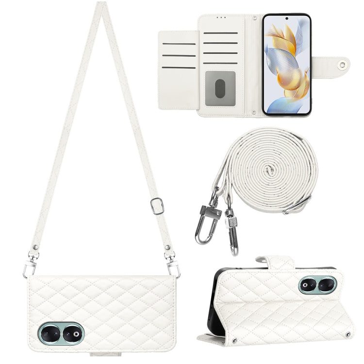For Honor 90 Rhombic Texture Flip Leather Phone Case with Long Lanyard(White)
