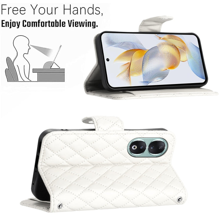 For Honor 90 Rhombic Texture Flip Leather Phone Case with Long Lanyard(White)