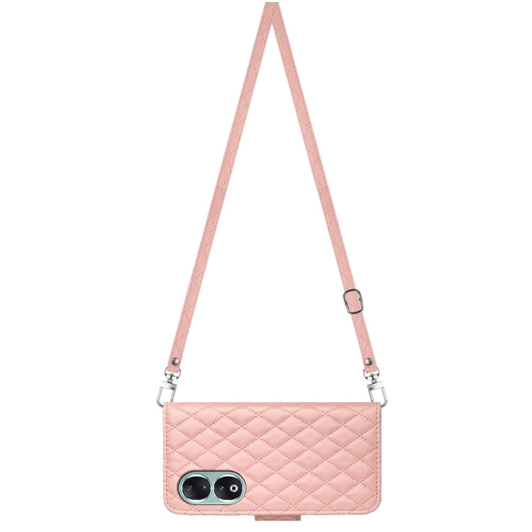 For Honor 90 Rhombic Texture Flip Leather Phone Case with Long Lanyard(Coral Pink)