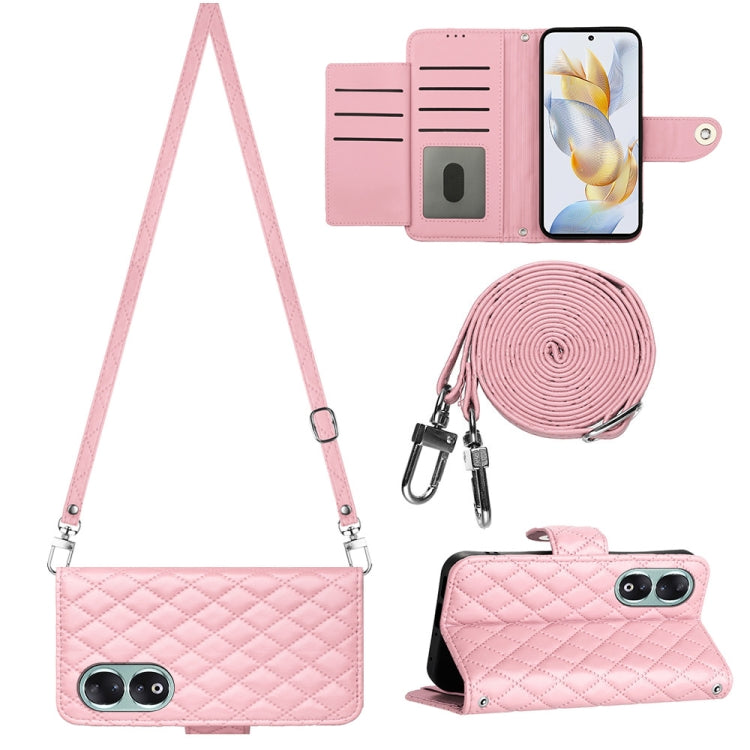 For Honor 90 Rhombic Texture Flip Leather Phone Case with Long Lanyard(Pink)