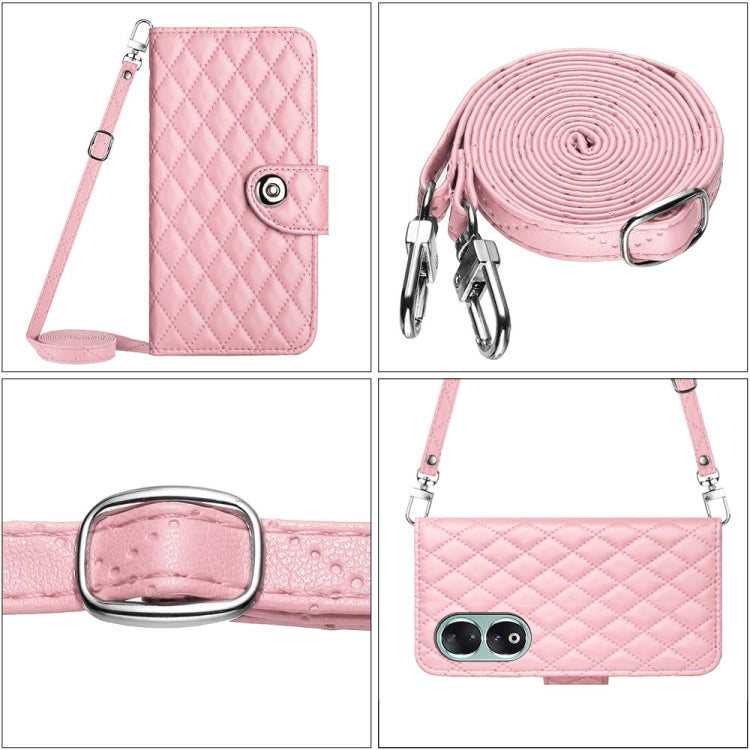 For Honor 90 Rhombic Texture Flip Leather Phone Case with Long Lanyard(Pink)