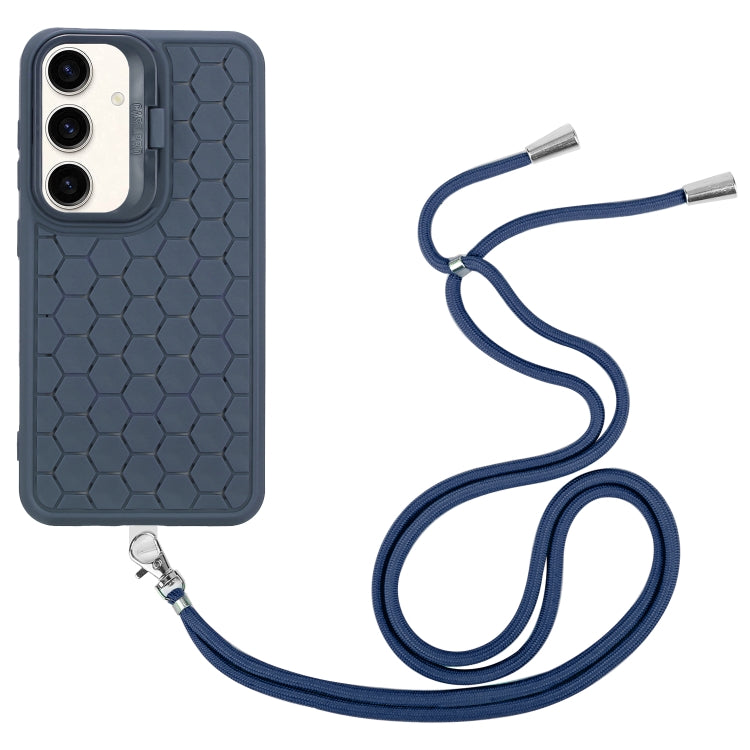For Samsung Galaxy S24 5G Honeycomb Radiating Lens Holder Magsafe Phone Case with Lanyard(Blue)