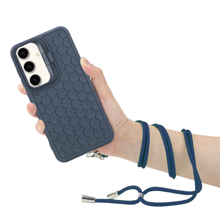 For Samsung Galaxy S24 5G Honeycomb Radiating Lens Holder Magsafe Phone Case with Lanyard(Blue)