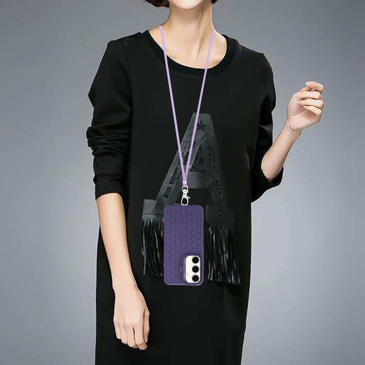 For Samsung Galaxy S24 5G Honeycomb Radiating Lens Holder Magsafe Phone Case with Lanyard(Purple)