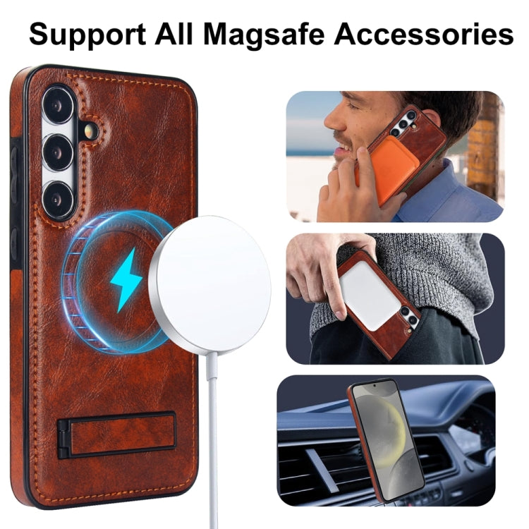 For Samsung Galaxy S24 5G Retro Leather Invisible Stand MagSafe Phone Case(Brown)