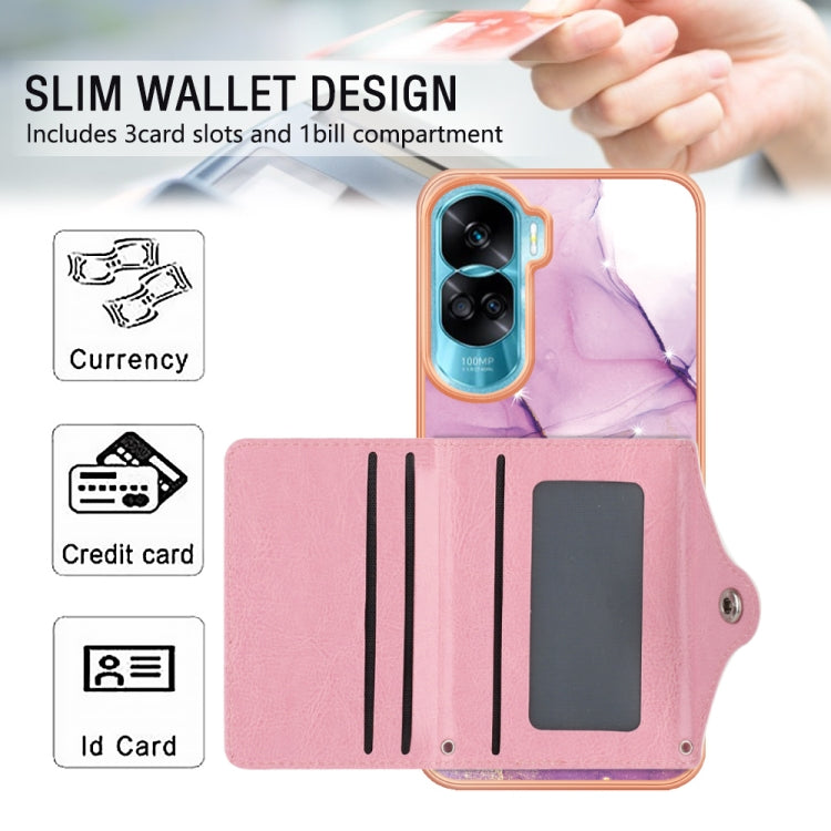 For Honor 90 Lite 5G Marble Pattern IMD Card Slot Phone Case(Pink Purple Gold)