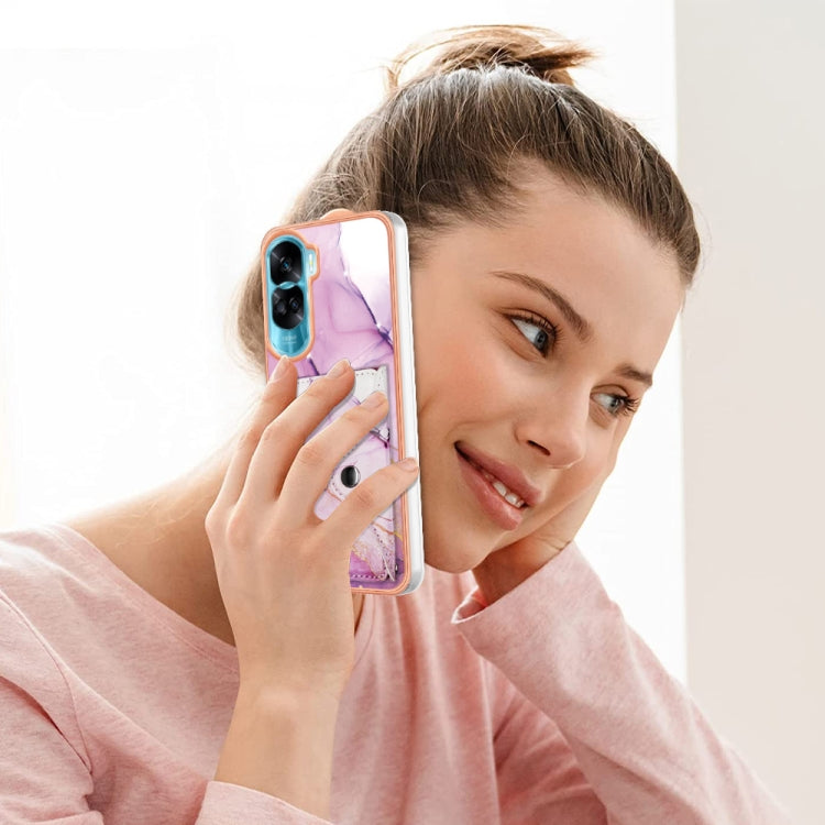 For Honor 90 Lite 5G Marble Pattern IMD Card Slot Phone Case(Pink Purple Gold)