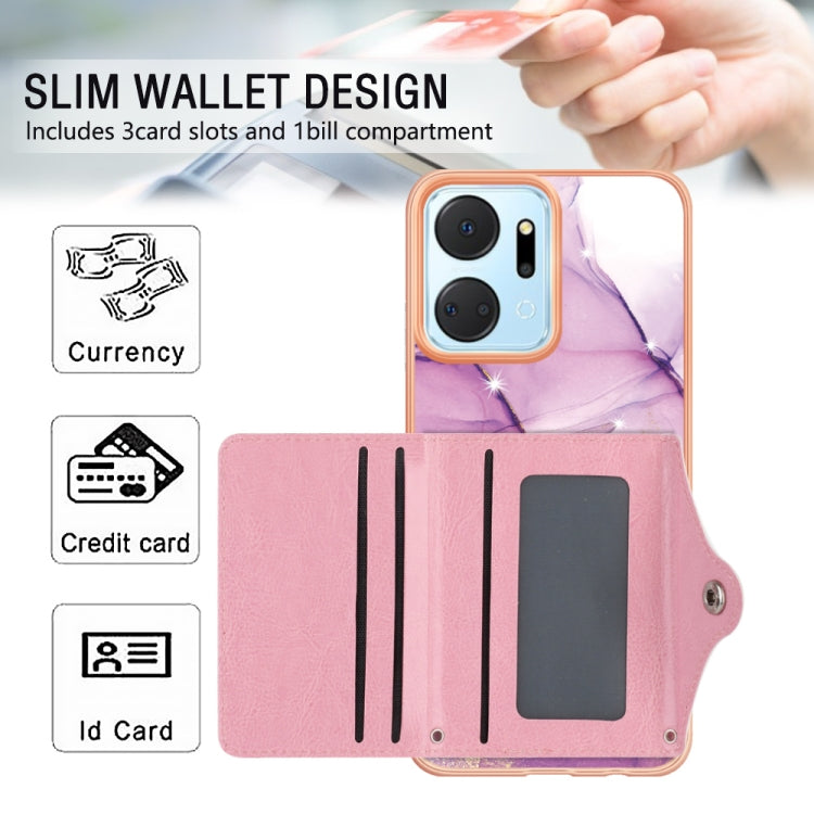For Honor X7a Marble Pattern IMD Card Slot Phone Case(Pink Purple Gold)