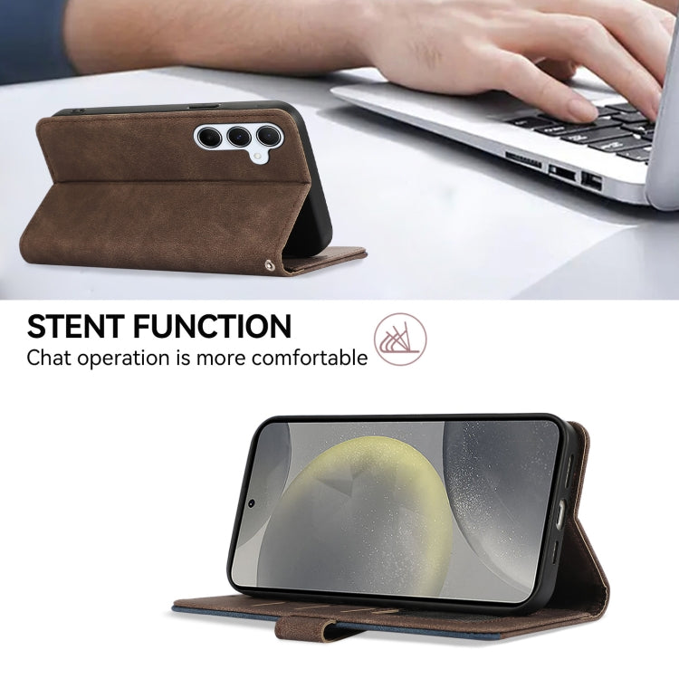 For Samsung Galaxy S24 5G ABEEL Color Block Magnetic RFID Leather Phone Case(Brown-Blue)