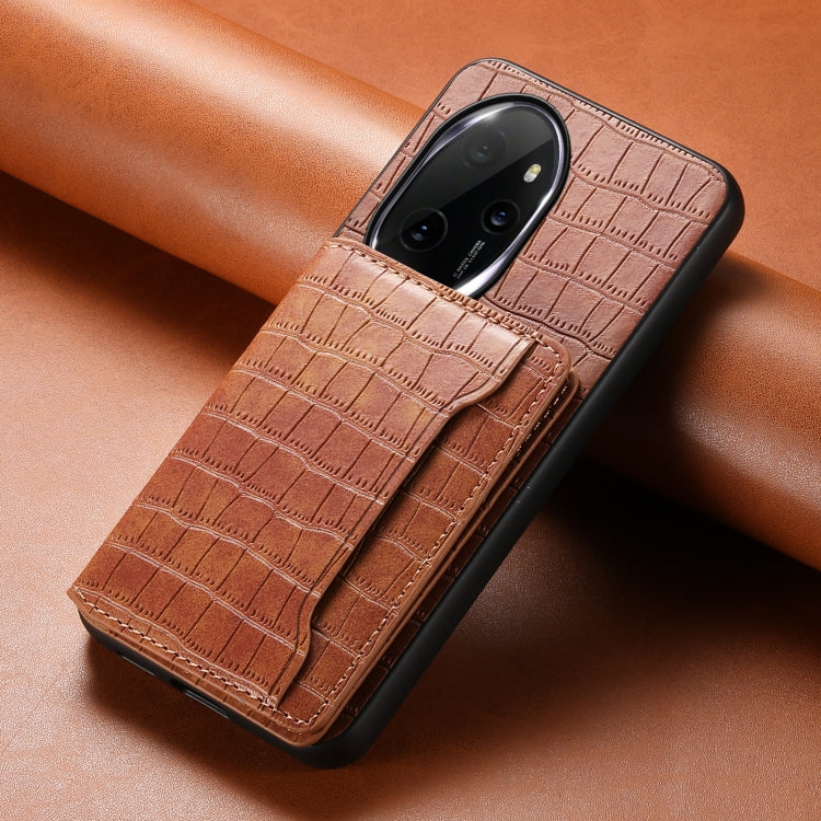 For Honor 100 Pro Crocodile Texture Card Bag Design Full Coverage Phone Case(Brown)