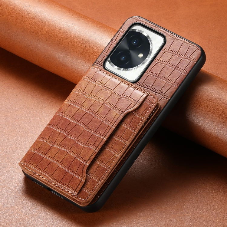 For Honor 100 Crocodile Texture Card Bag Design Full Coverage Phone Case(Brown)