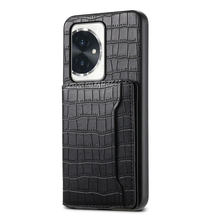 For Honor 100 Crocodile Texture Card Bag Design Full Coverage Phone Case(Black)