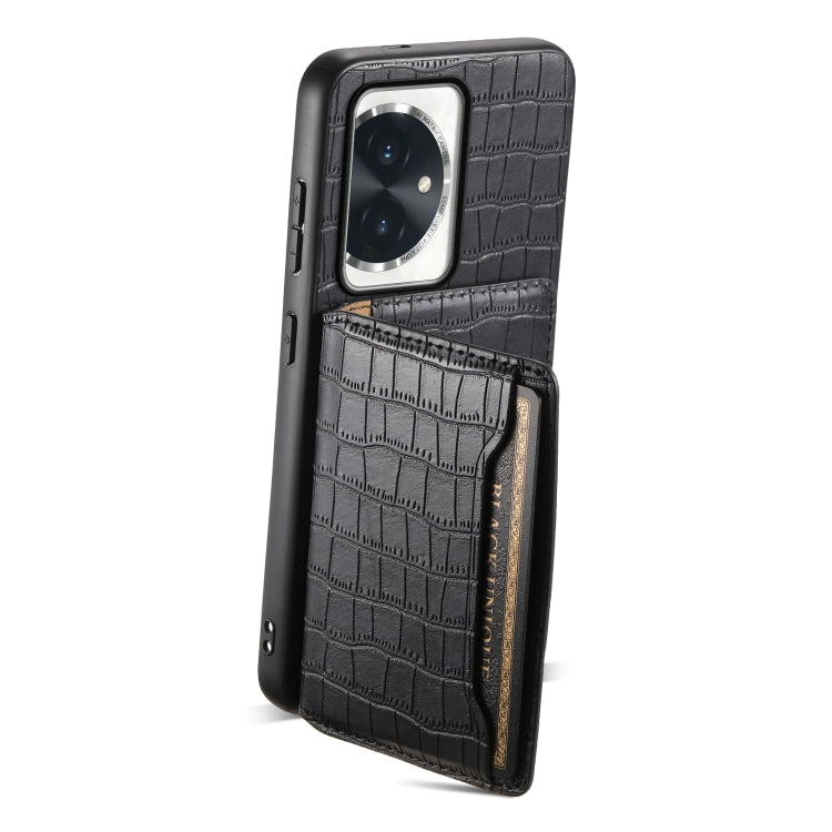 For Honor 100 Crocodile Texture Card Bag Design Full Coverage Phone Case(Black)
