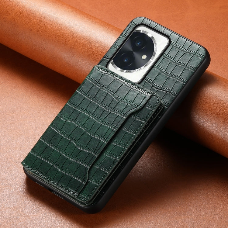 For Honor 100 Crocodile Texture Card Bag Design Full Coverage Phone Case(Green)