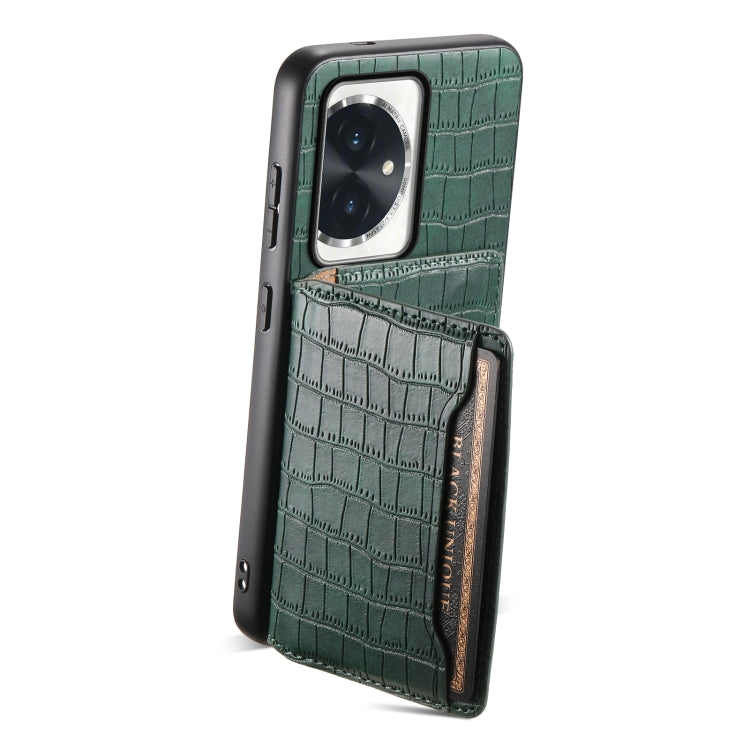 For Honor 100 Crocodile Texture Card Bag Design Full Coverage Phone Case(Green)