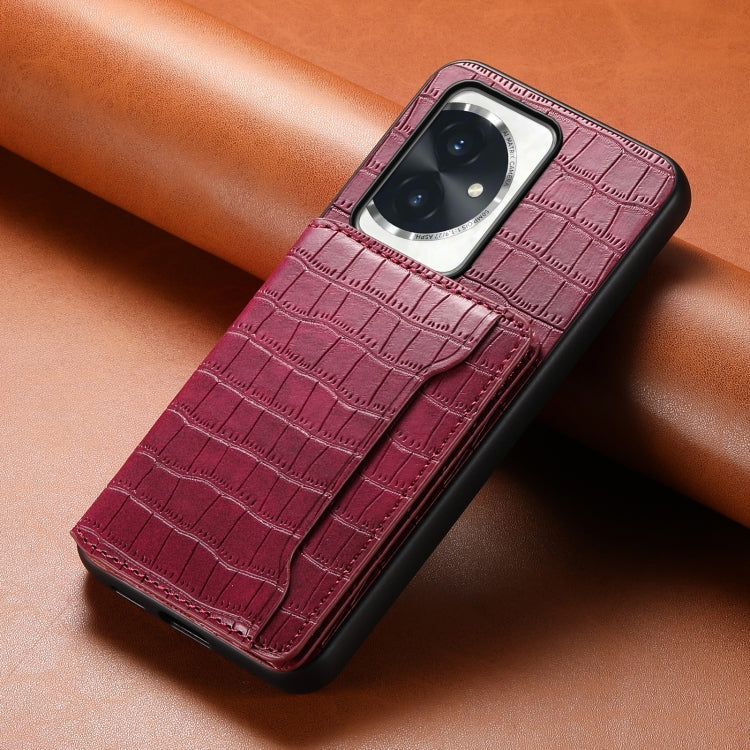 For Honor 100 Crocodile Texture Card Bag Design Full Coverage Phone Case(Red)