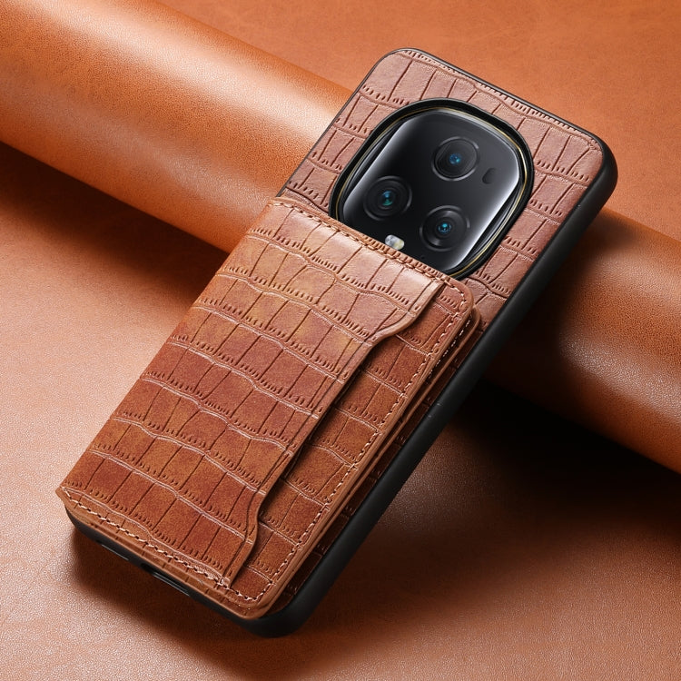 For Honor Magic5 Ultimate Crocodile Texture Card Bag Design Full Coverage Phone Case(Brown)