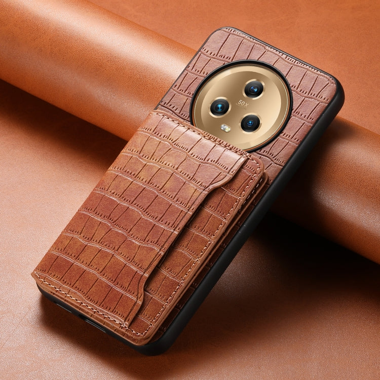 For Honor Magic5 Crocodile Texture Card Bag Design Full Coverage Phone Case(Brown)