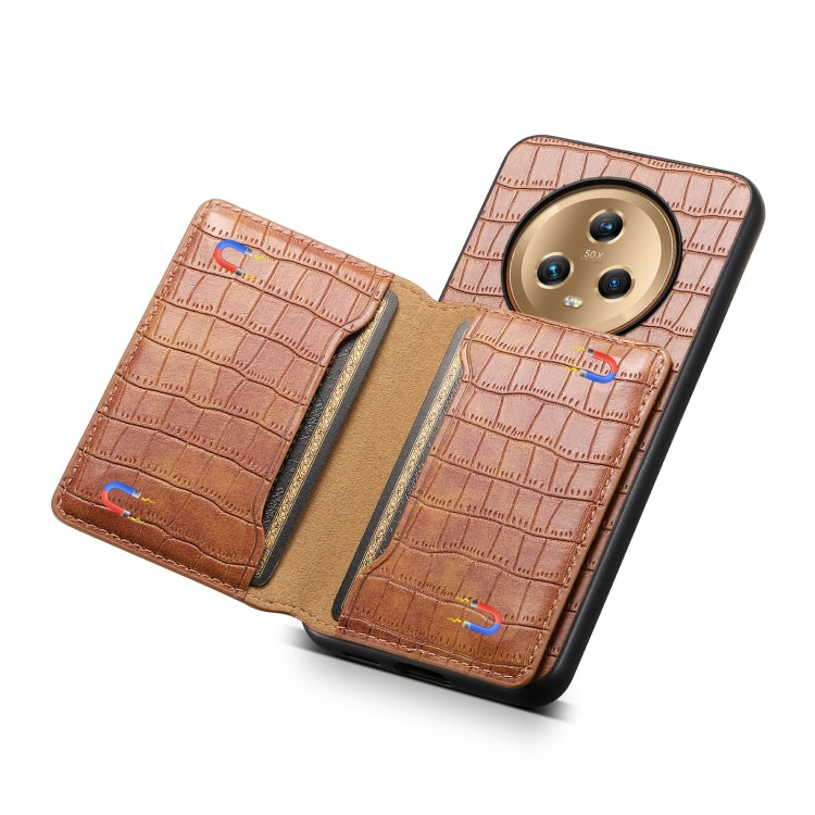 For Honor Magic5 Crocodile Texture Card Bag Design Full Coverage Phone Case(Brown)