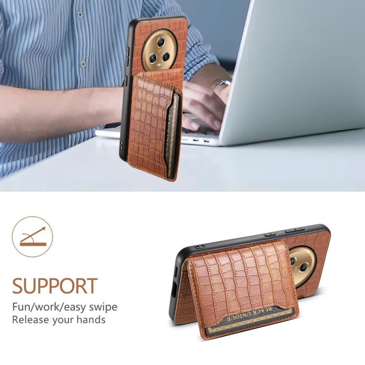 For Honor Magic5 Crocodile Texture Card Bag Design Full Coverage Phone Case(Brown)