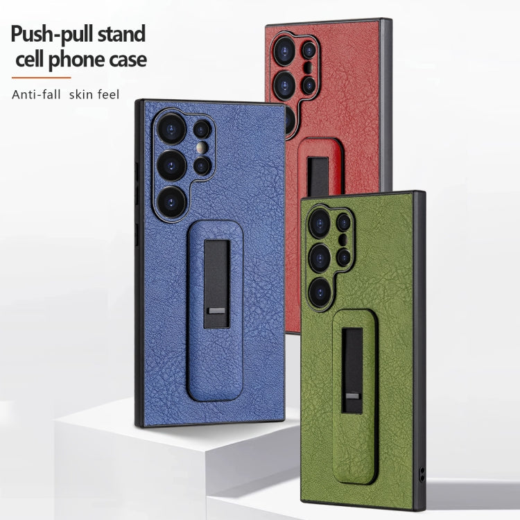 For Samsung Galaxy S24 5G PU Leather Push-pull Bracket Shockproof Phone Case(Blue)