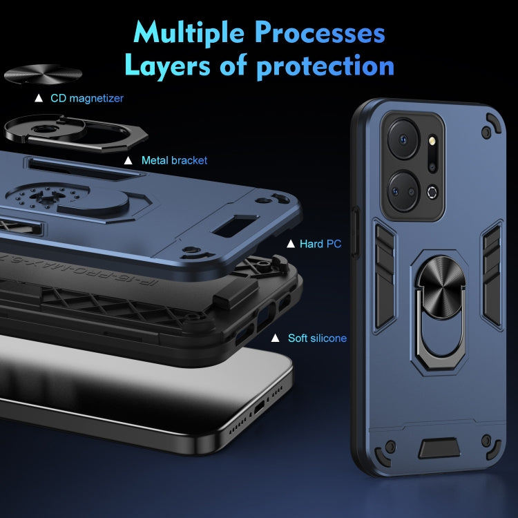 For Honor X7a Shockproof Metal Ring Holder Phone Case(Blue)