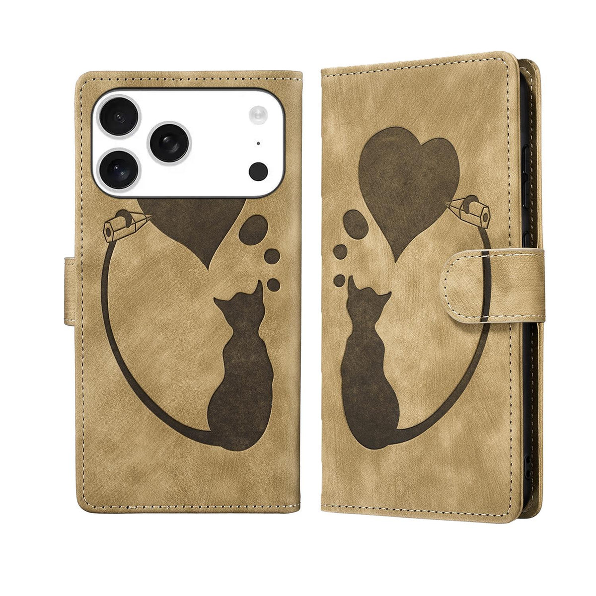 Compatible with iPhone 18 Pro Max & 17 Pro Max Pen Heart Cat Embossed Leather Phone Case - Apricot