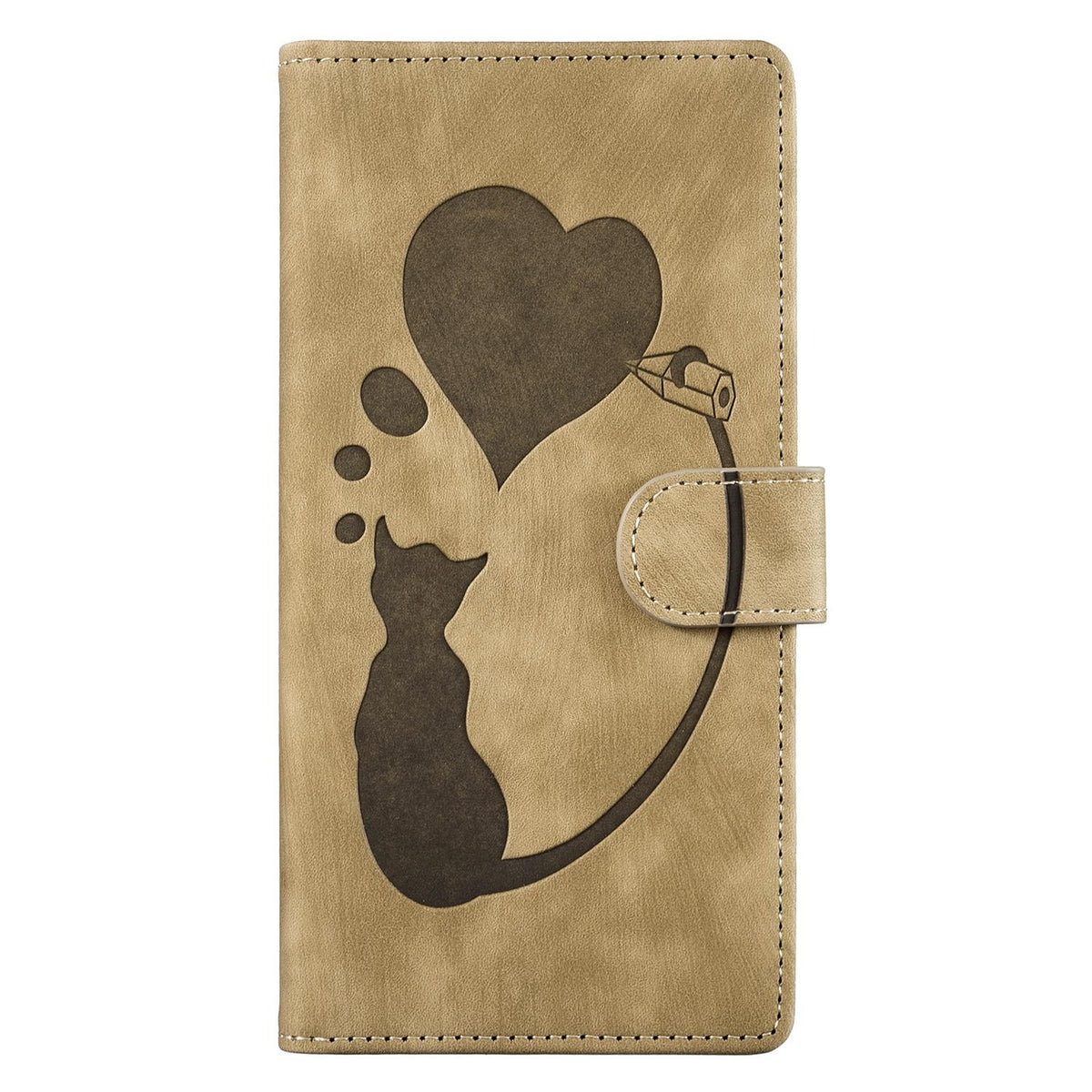 Compatible with iPhone 18 Pro Max & 17 Pro Max Pen Heart Cat Embossed Leather Phone Case - Apricot